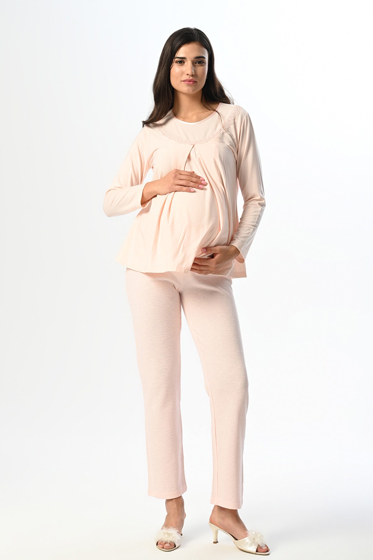 Lacy Collar 3-Piece Maternity Feeding-Friendly Pajama & Robe Set Pink - N22371