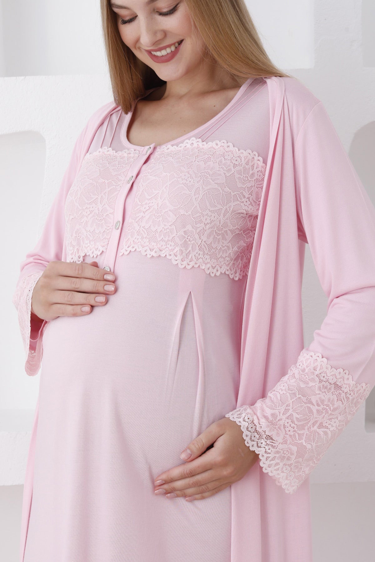 Lace Sleeve and Collar Maternity Feeding-Friendly Nightgown & Robe Set Pink - Z2283