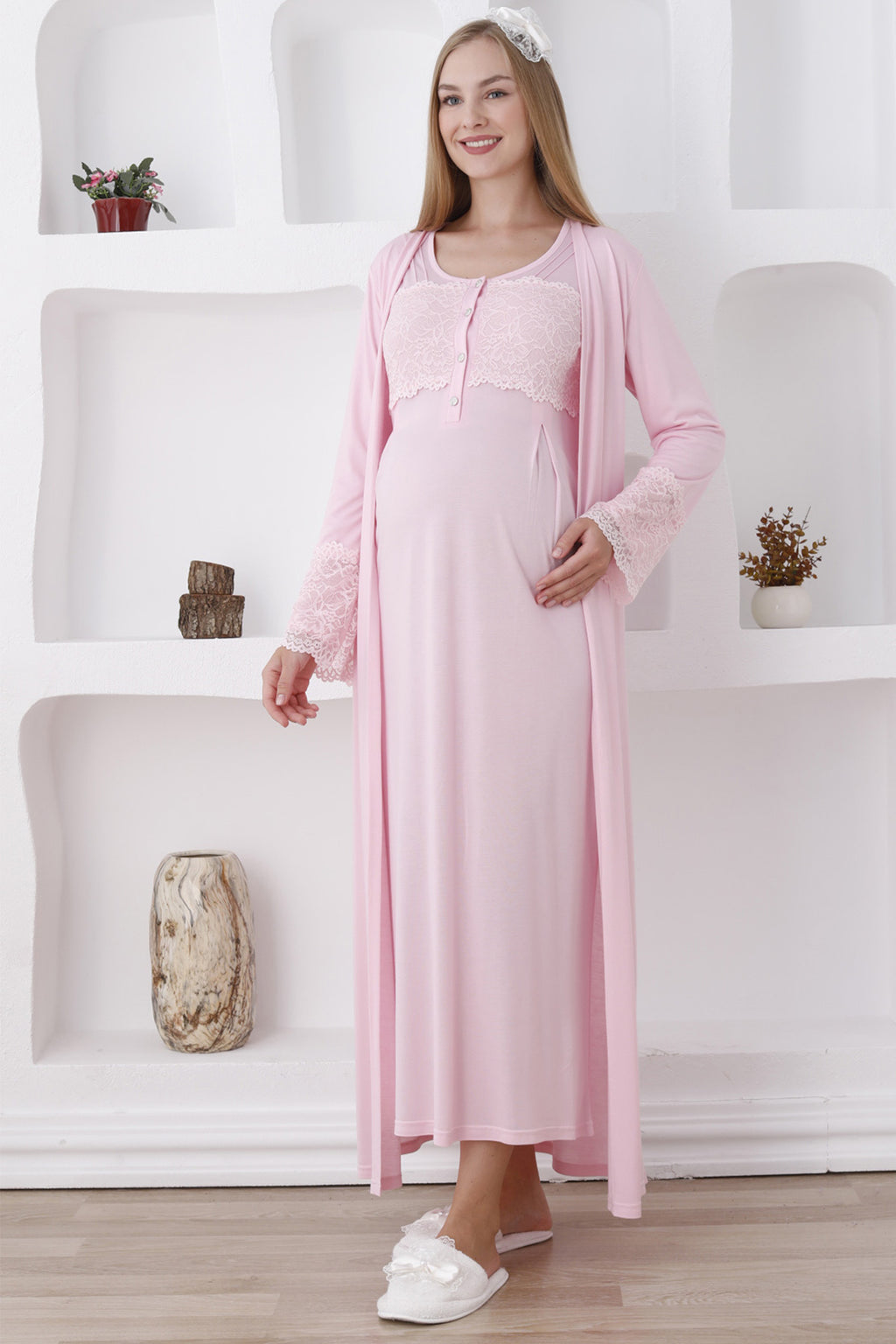 Lace Sleeve and Collar Maternity Feeding-Friendly Nightgown & Robe Set Pink - Z2283