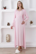 Lace Sleeve and Collar Maternity Feeding-Friendly Nightgown & Robe Set Pink - Z2283