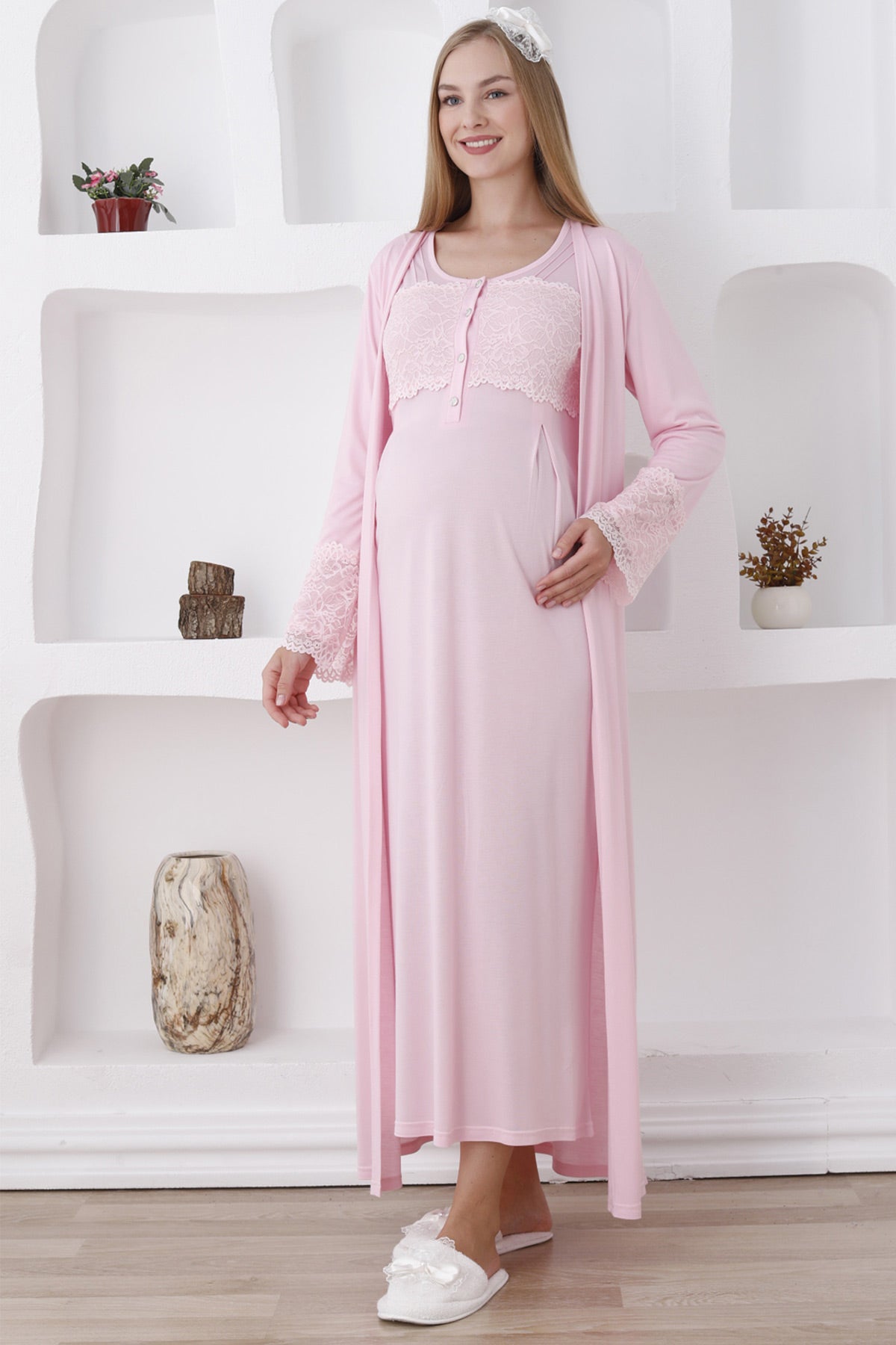 Lace Sleeve and Collar Maternity Feeding-Friendly Nightgown & Robe Set Pink - Z2283