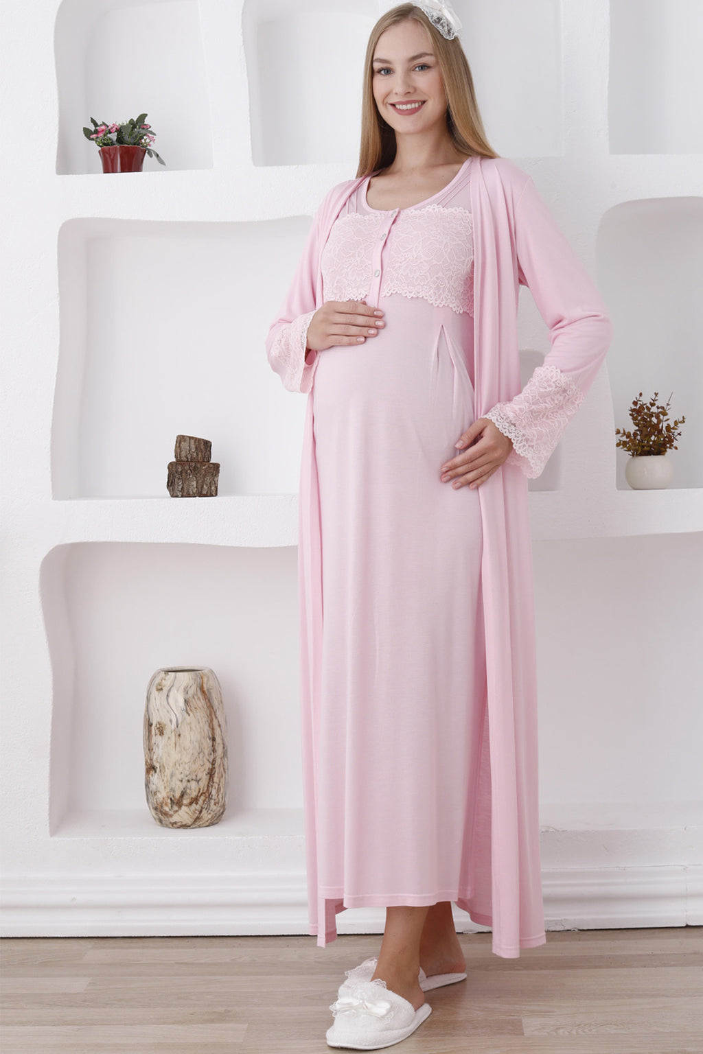 Lace Sleeve and Collar Maternity Feeding-Friendly Nightgown & Robe Set Pink - Z2283