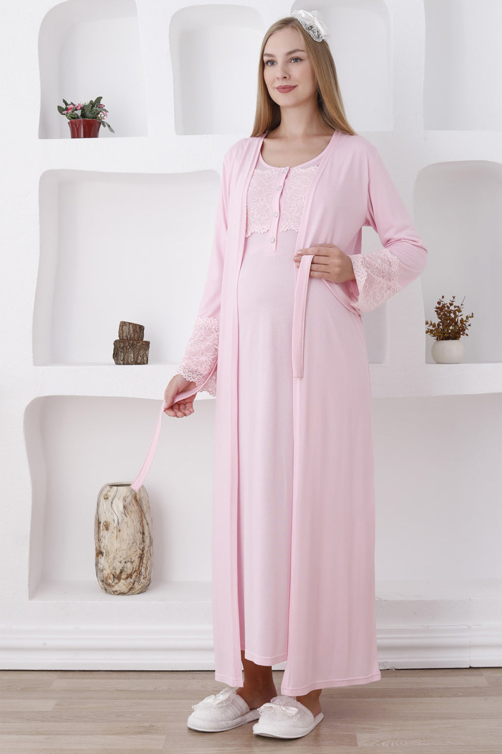 Lace Sleeve and Collar Maternity Feeding-Friendly Nightgown & Robe Set Pink - Z2283