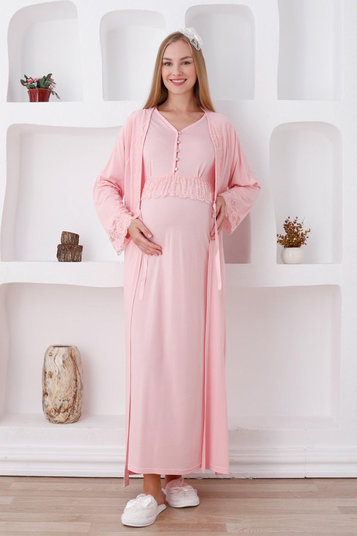 Lace Sleeve Maternity Feeding-Friendly Nightgown & Robe Set Salmon - Z2285
