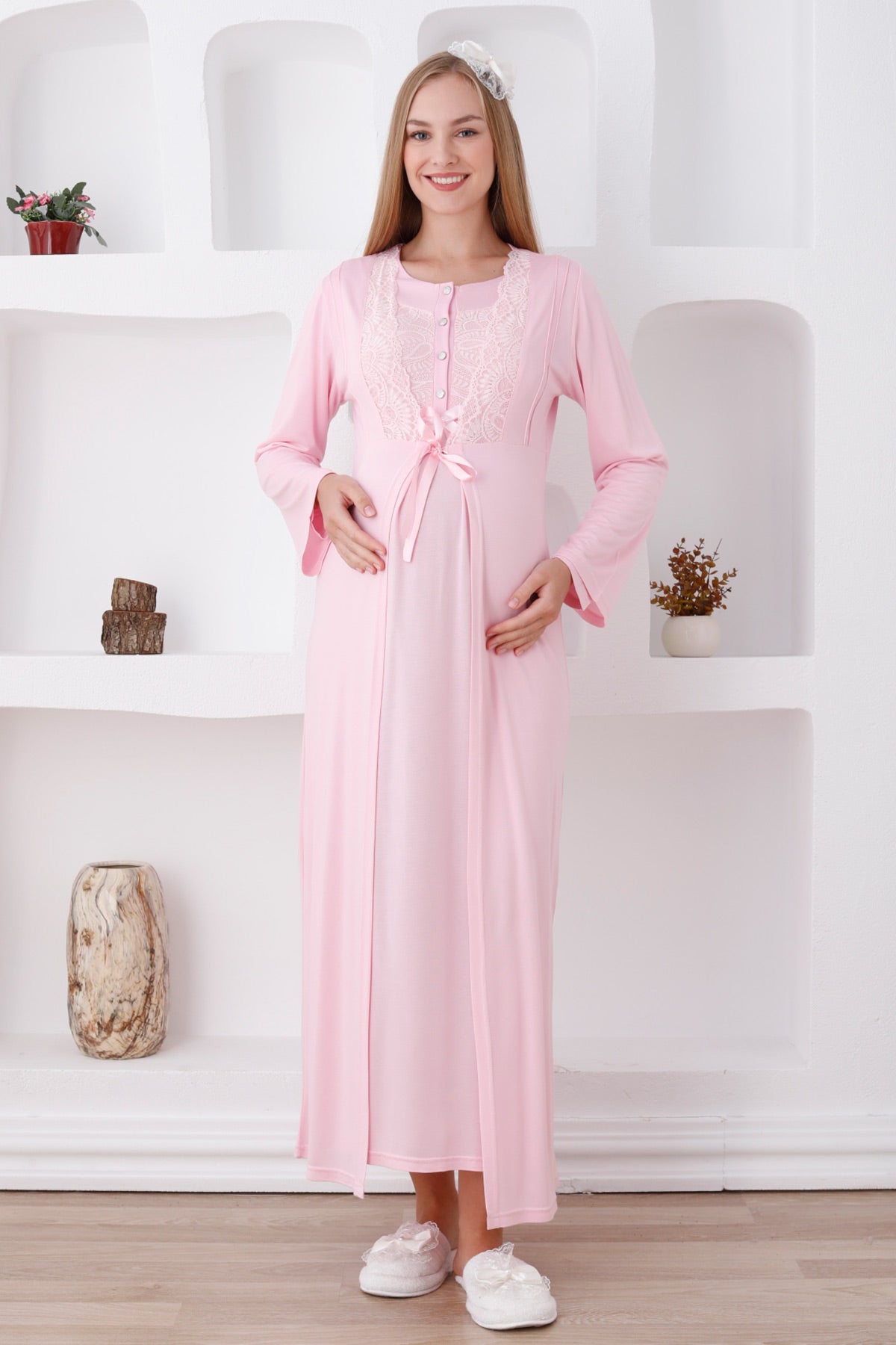 Elegant Lace Detail Maternity Feeding-Friendly Nightgown & Robe Set Pink - Z2286