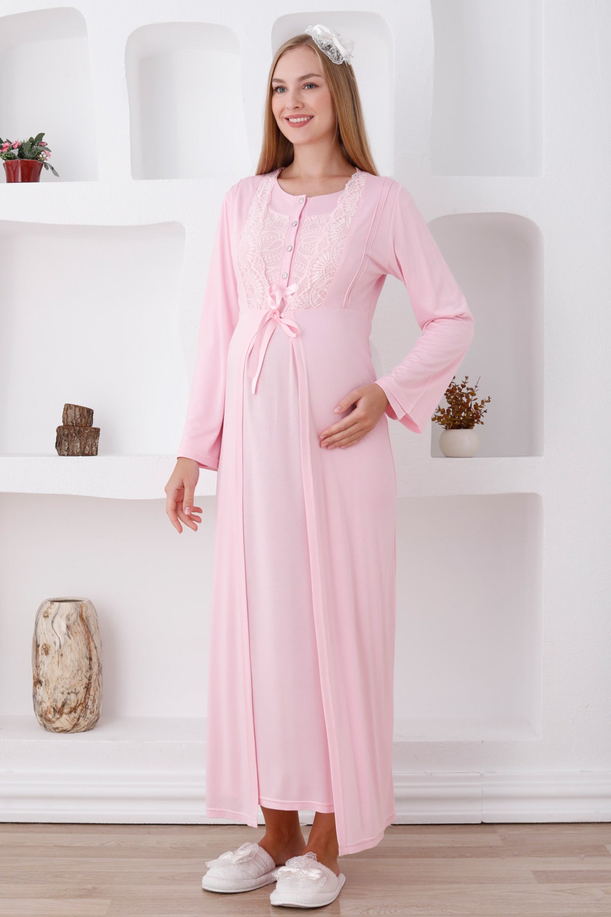 Elegant Lace Detail Maternity Feeding-Friendly Nightgown & Robe Set Pink - Z2286