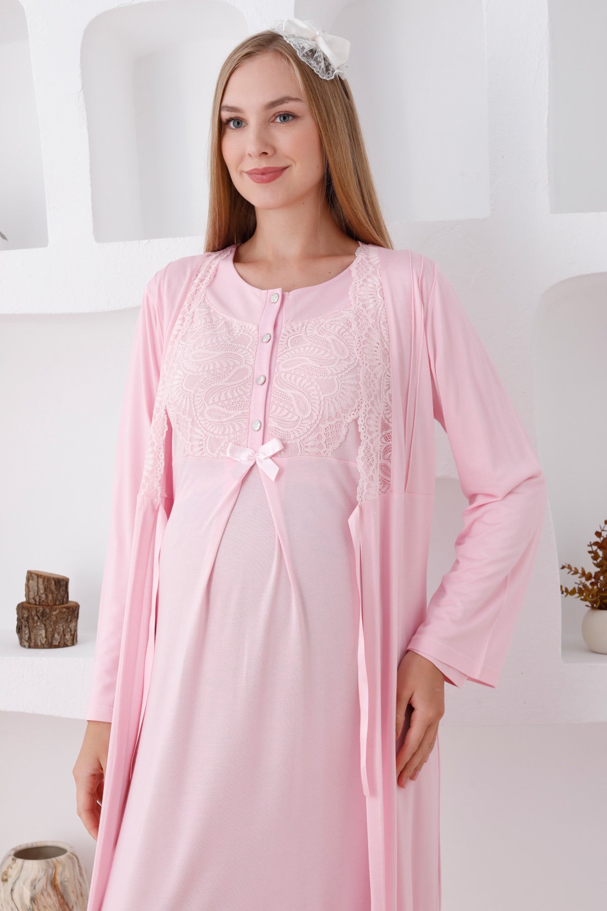Elegant Lace Detail Maternity Feeding-Friendly Nightgown & Robe Set Pink - Z2286