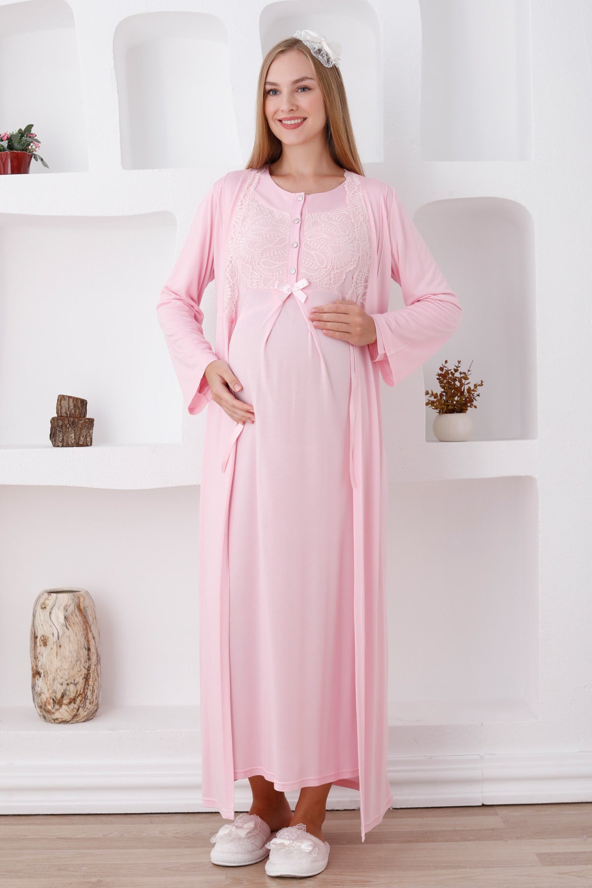 Elegant Lace Detail Maternity Feeding-Friendly Nightgown & Robe Set Pink - Z2286