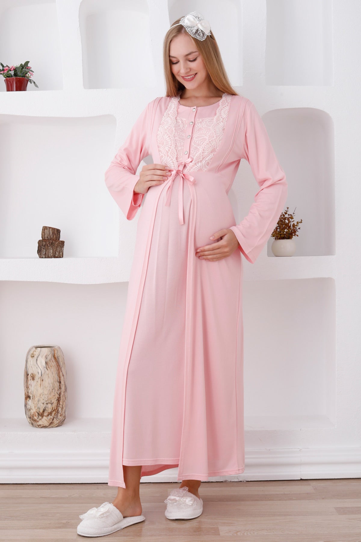 Elegant Lace Detail Maternity Feeding-Friendly Nightgown & Robe Set Salmon - Z2286