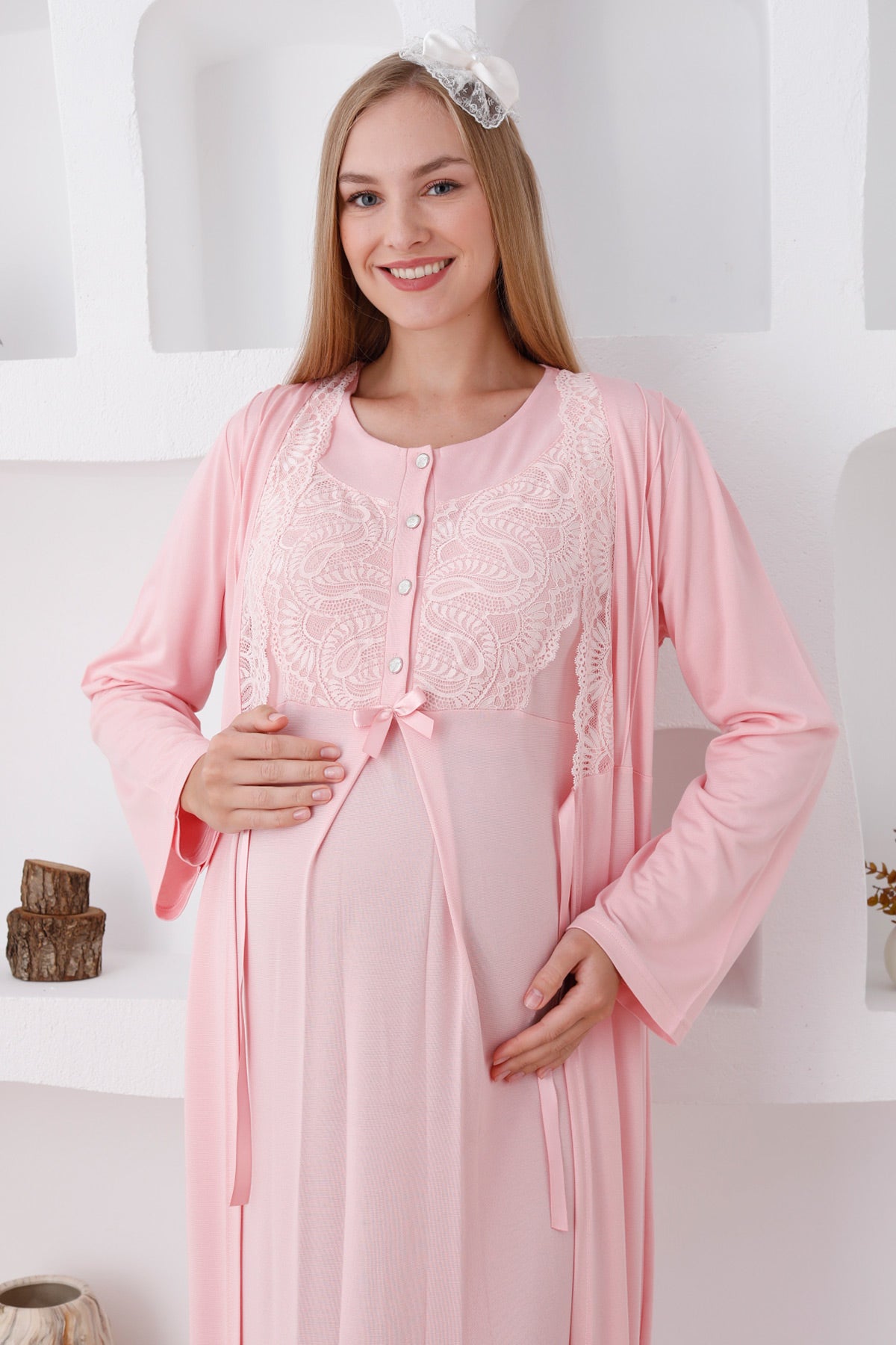 Elegant Lace Detail Maternity Feeding-Friendly Nightgown & Robe Set Salmon - Z2286