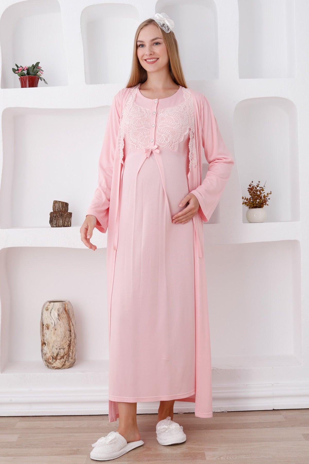 Elegant Lace Detail Maternity Feeding-Friendly Nightgown & Robe Set Salmon - Z2286