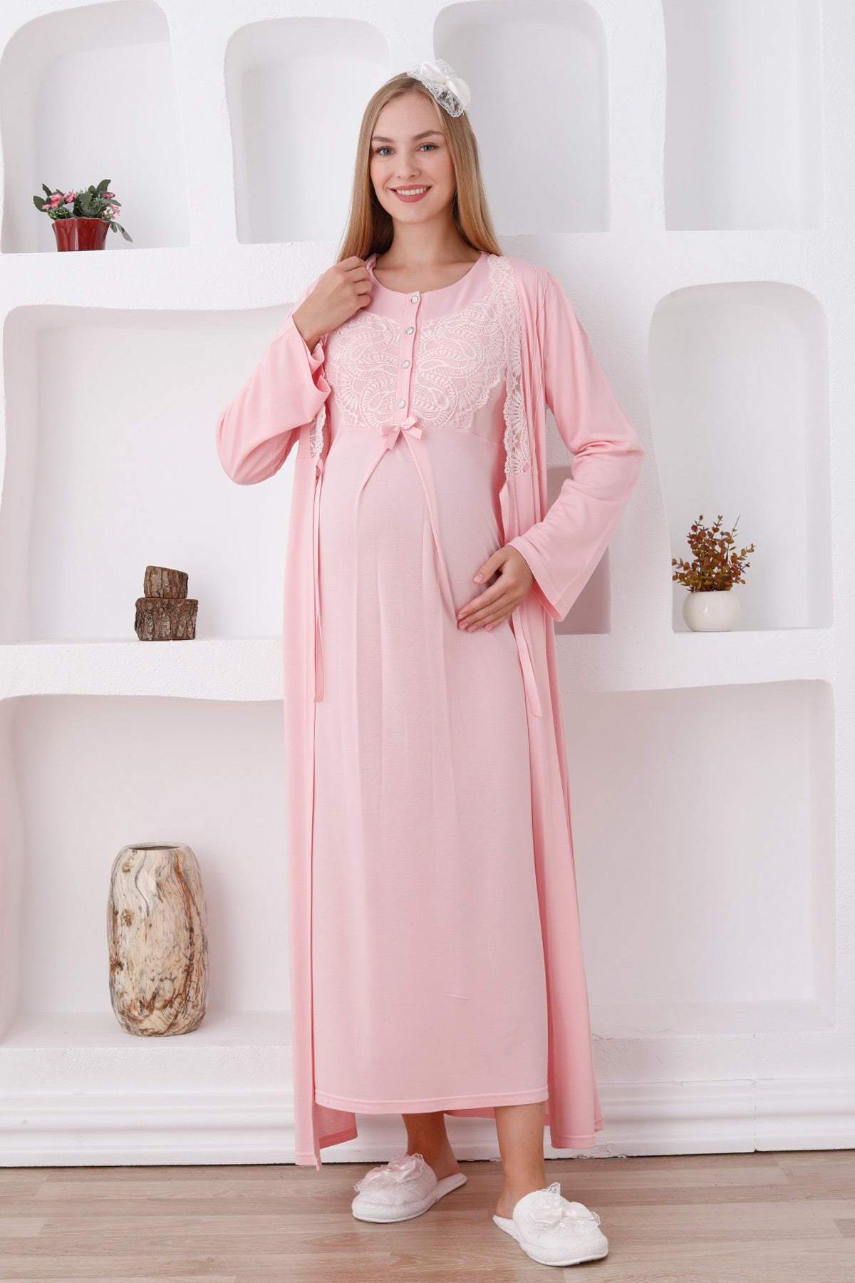 Elegant Lace Detail Maternity Feeding-Friendly Nightgown & Robe Set Salmon - Z2286