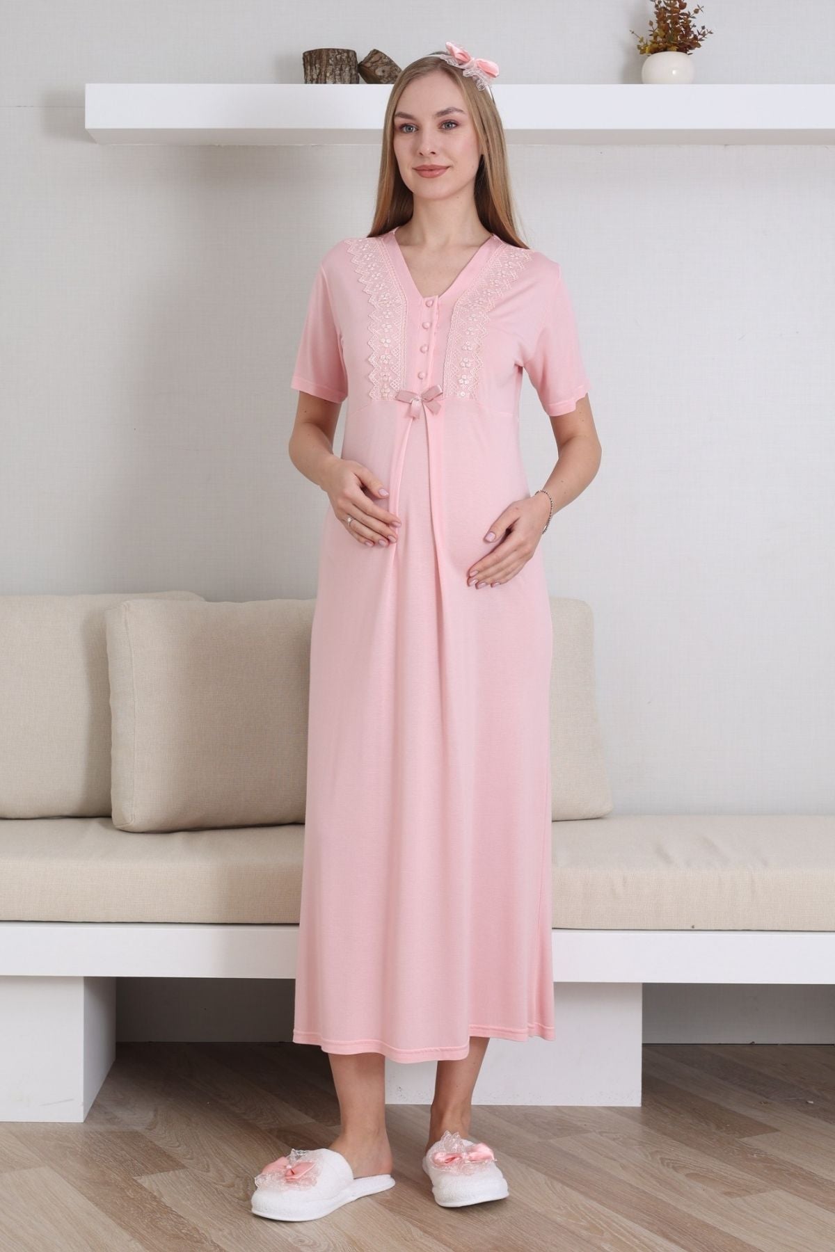 Lace V-Collar Maternity Feeding-Friendly Nightgown & Robe Set Salmon - Z2290