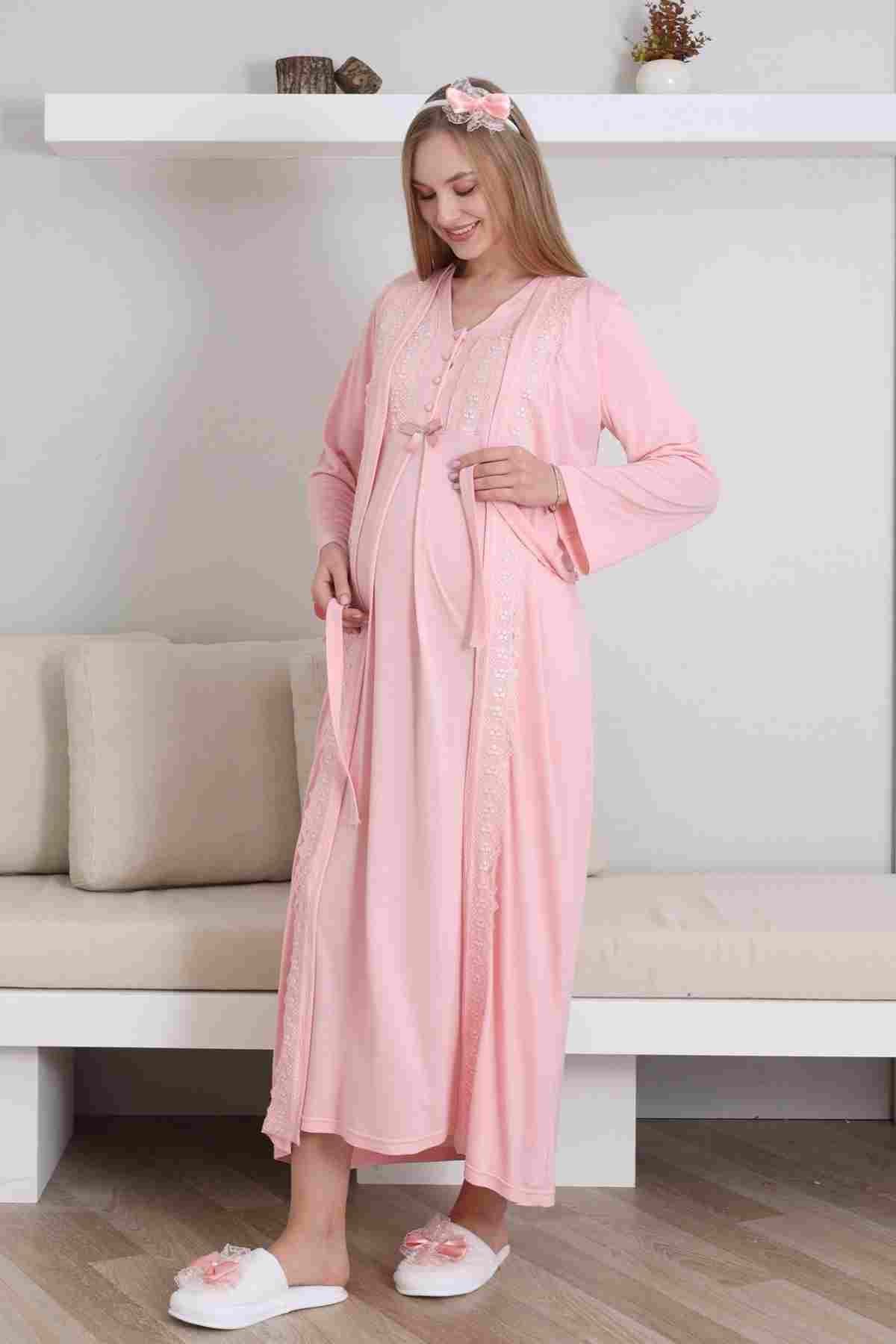 Lace V-Collar Maternity Feeding-Friendly Nightgown & Robe Set Salmon - Z2290