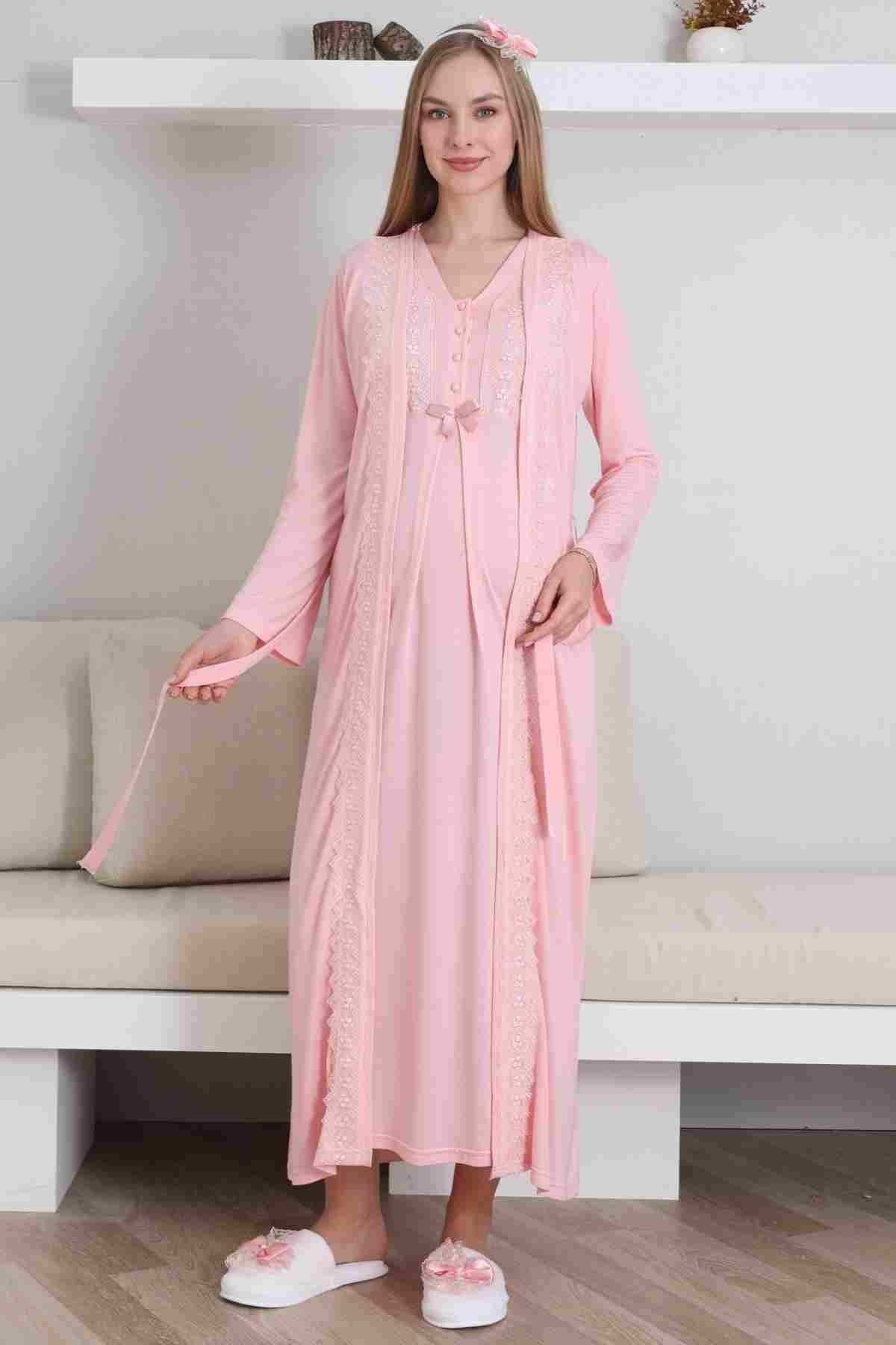 Lace V-Collar Maternity Feeding-Friendly Nightgown & Robe Set Salmon - Z2290