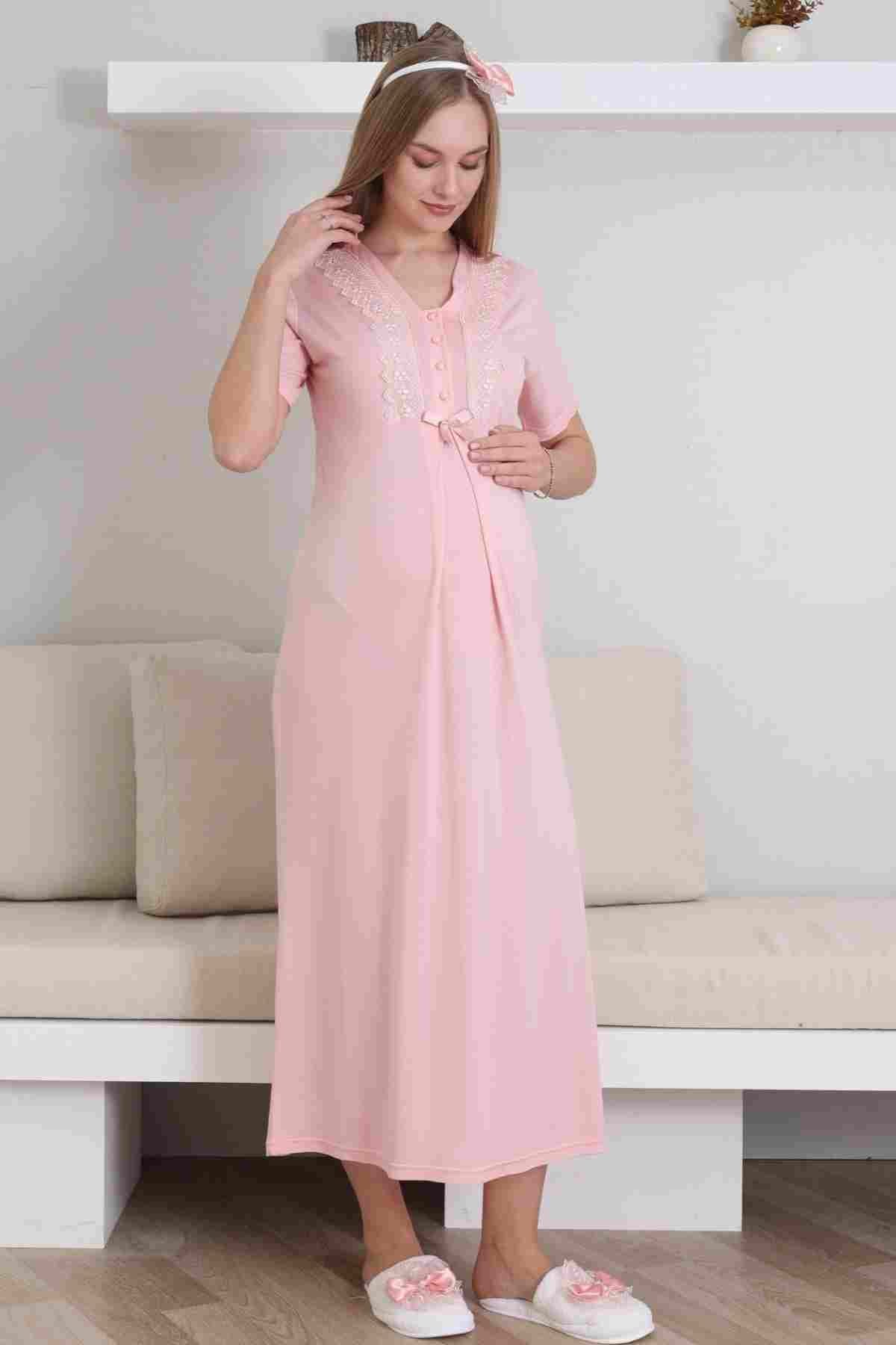 Lace V-Collar Maternity Feeding-Friendly Nightgown & Robe Set Salmon - Z2290