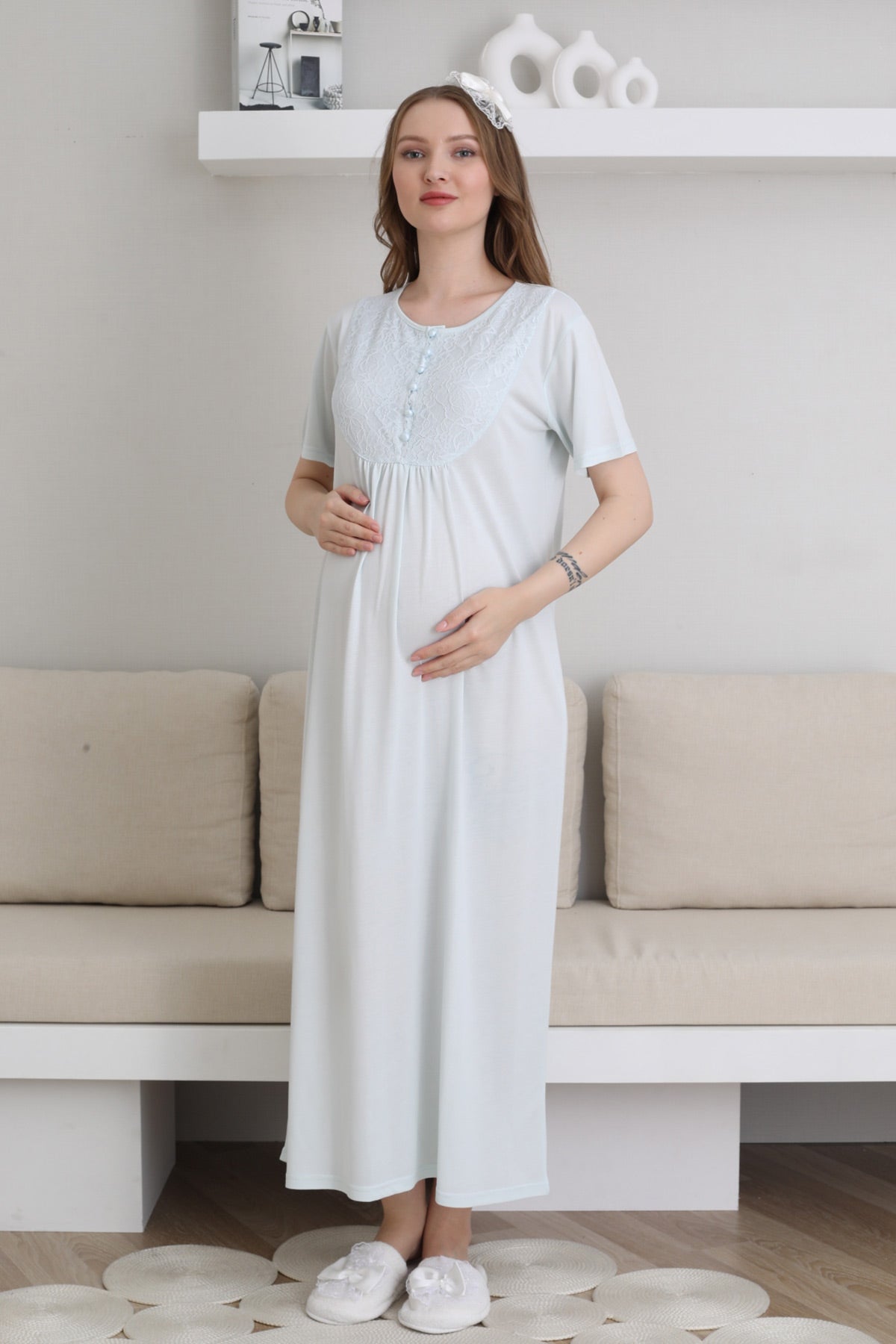 Guipure Collar Maternity Feeding-Friendly Nightgown & Patterned Robe Set Blue - Z2300