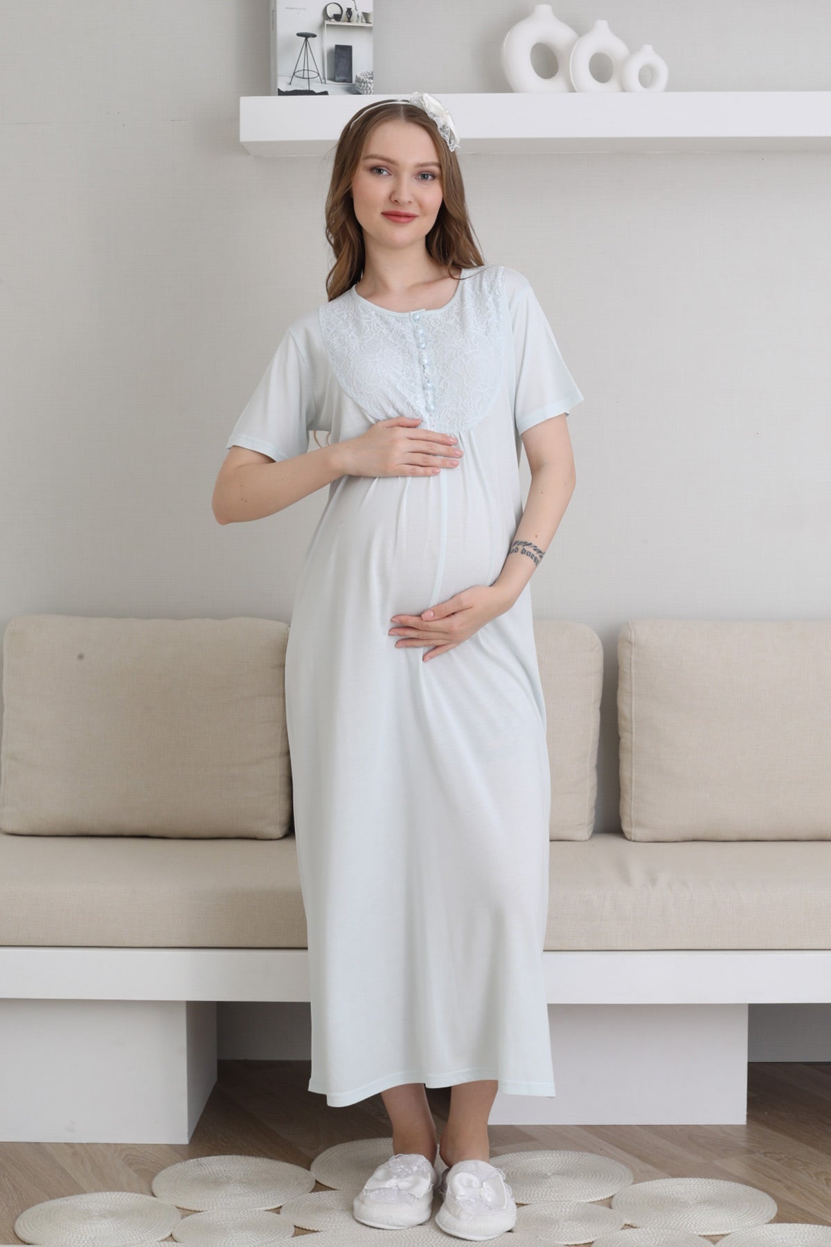 Guipure Collar Maternity Feeding-Friendly Nightgown & Patterned Robe Set Blue - Z2300