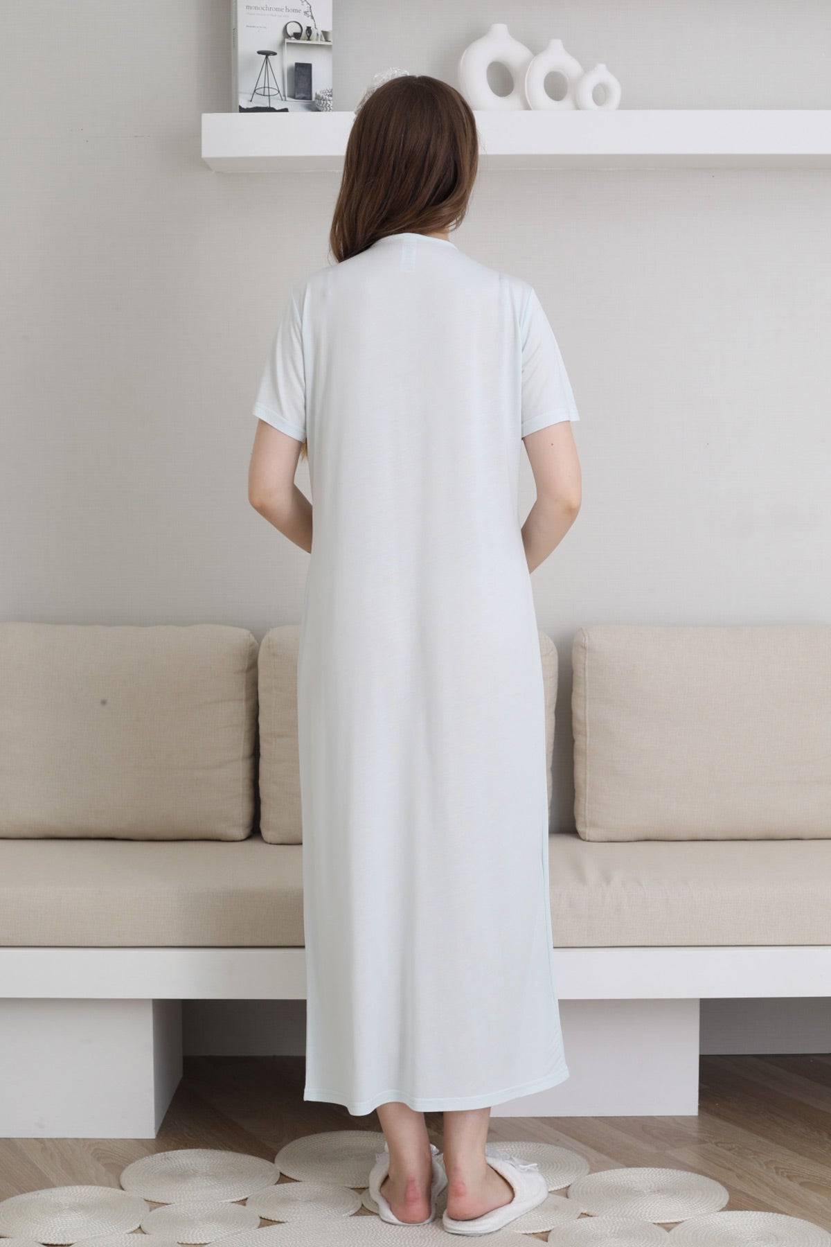 Guipure Collar Maternity Feeding-Friendly Nightgown & Patterned Robe Set Blue - Z2300
