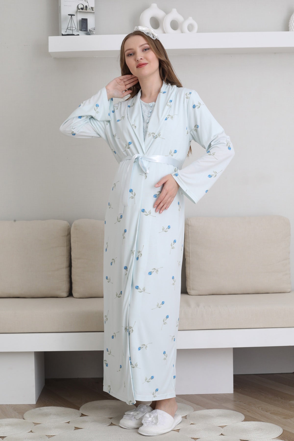 Guipure Collar Maternity Feeding-Friendly Nightgown & Patterned Robe Set Blue - Z2300