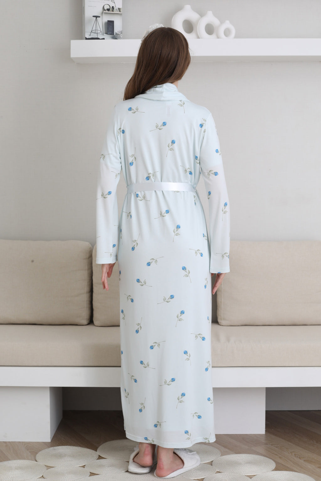 Guipure Collar Maternity Feeding-Friendly Nightgown & Patterned Robe Set Blue - Z2300
