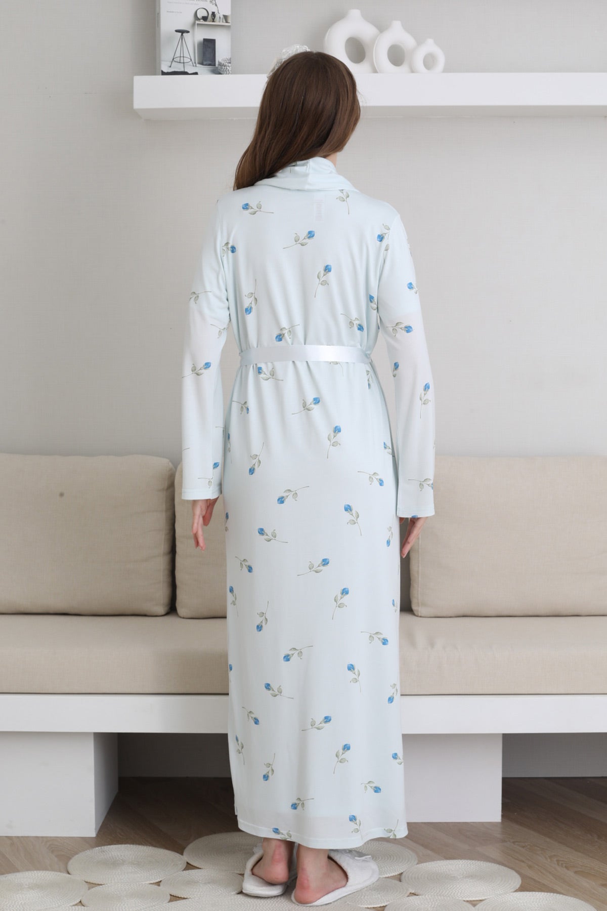 Guipure Collar Maternity Feeding-Friendly Nightgown & Patterned Robe Set Blue - Z2300