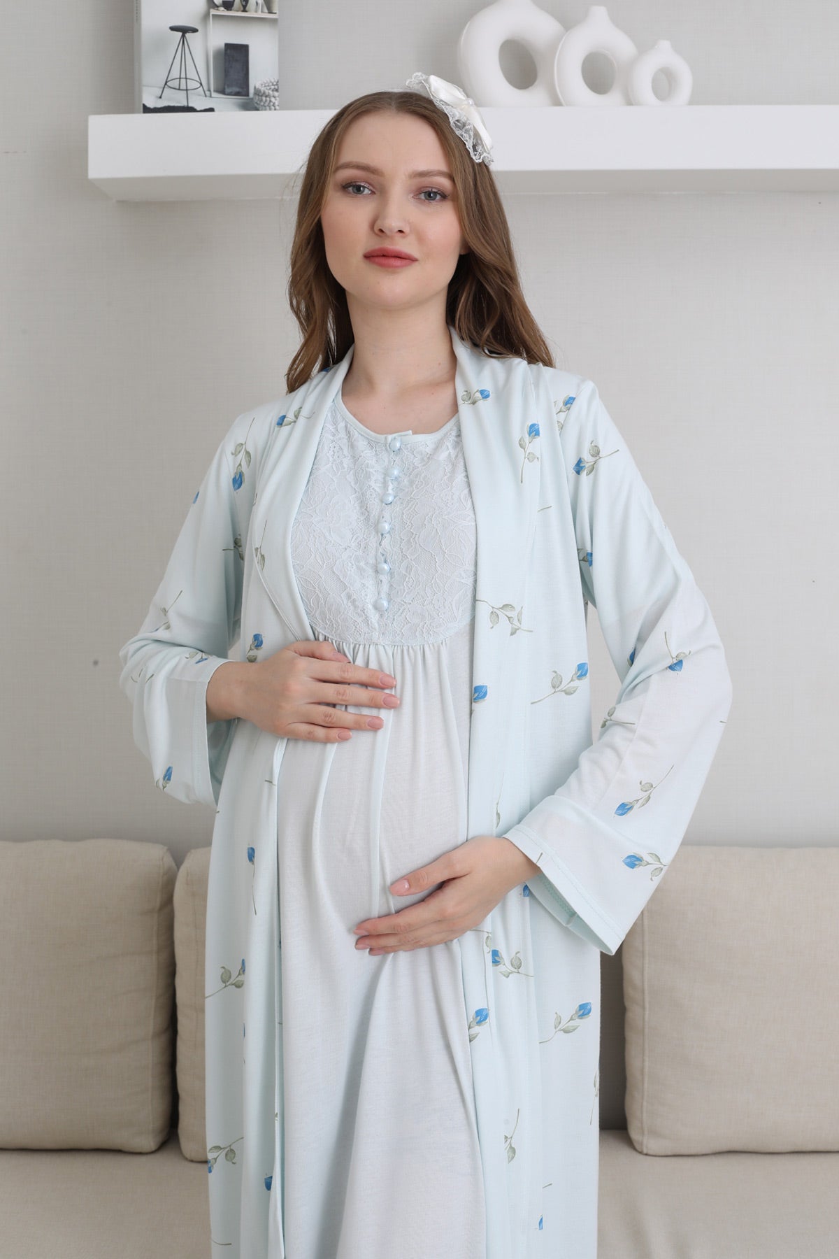 Guipure Collar Maternity Feeding-Friendly Nightgown & Patterned Robe Set Blue - Z2300