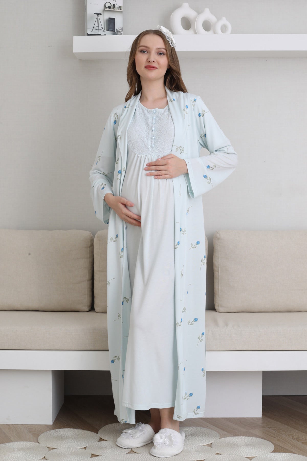 Guipure Collar Maternity Feeding-Friendly Nightgown & Patterned Robe Set Blue - Z2300