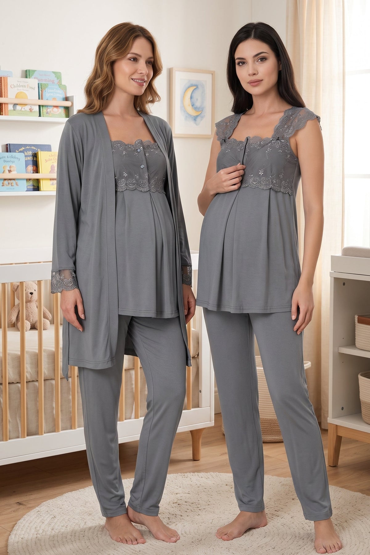 Lace Shoulder 3-Piece Maternity Feeding-Friendly Pajama & Robe Set Anthracite - T2301