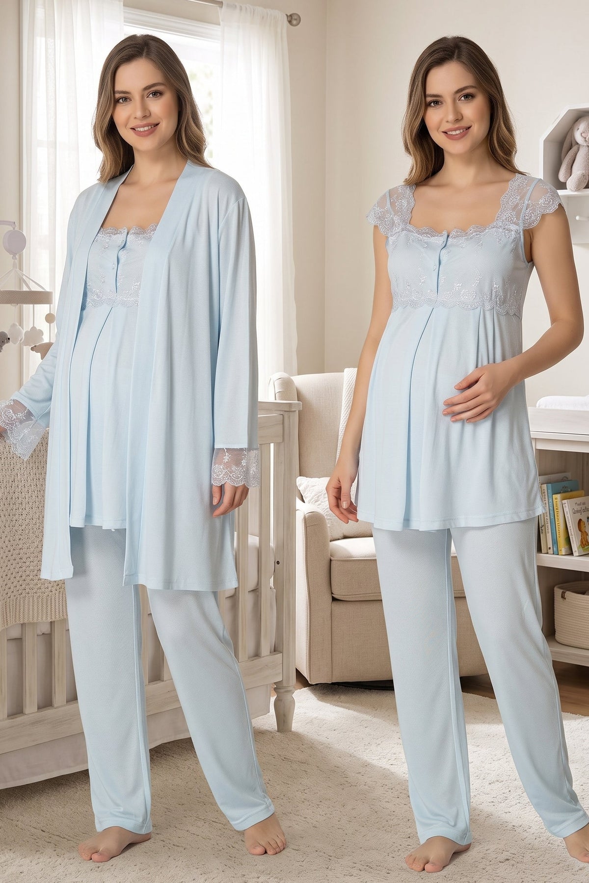 Lace Shoulder 3-Piece Maternity Feeding-Friendly Pajama & Robe Set Blue - T2301