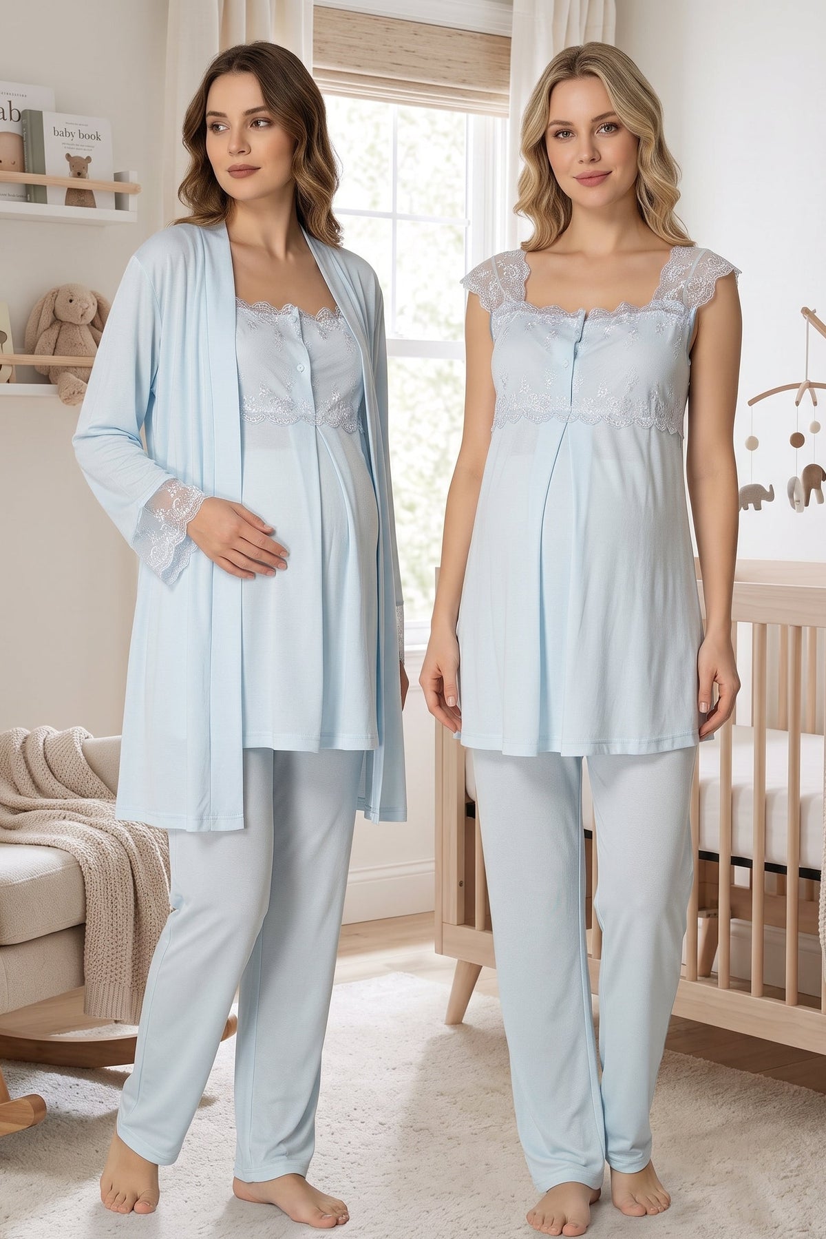 Lace Shoulder 3-Piece Maternity Feeding-Friendly Pajama & Robe Set Blue - T2301