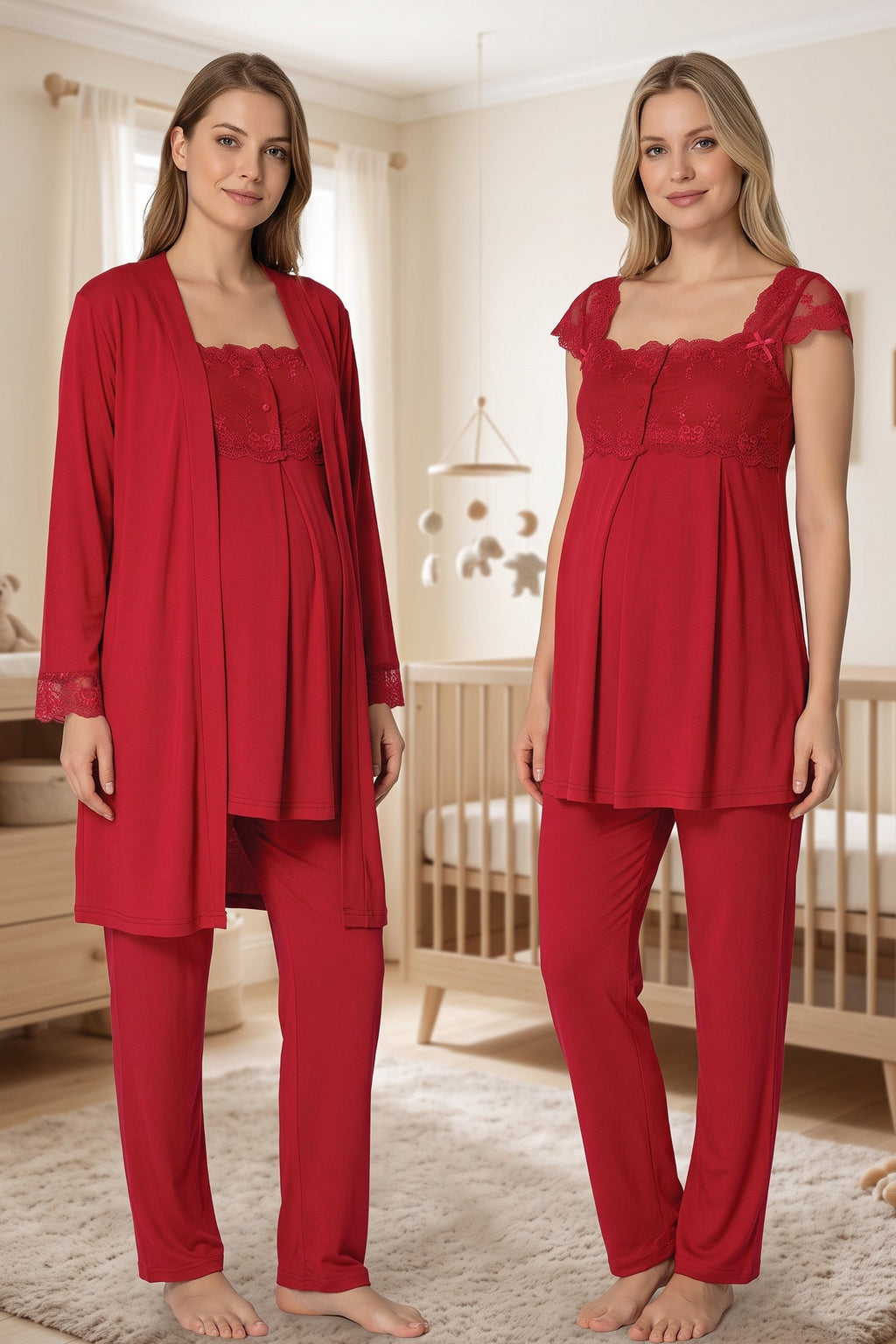 Lace Shoulder 3-Piece Maternity Feeding-Friendly Pajama & Robe Set Cherry - T2301
