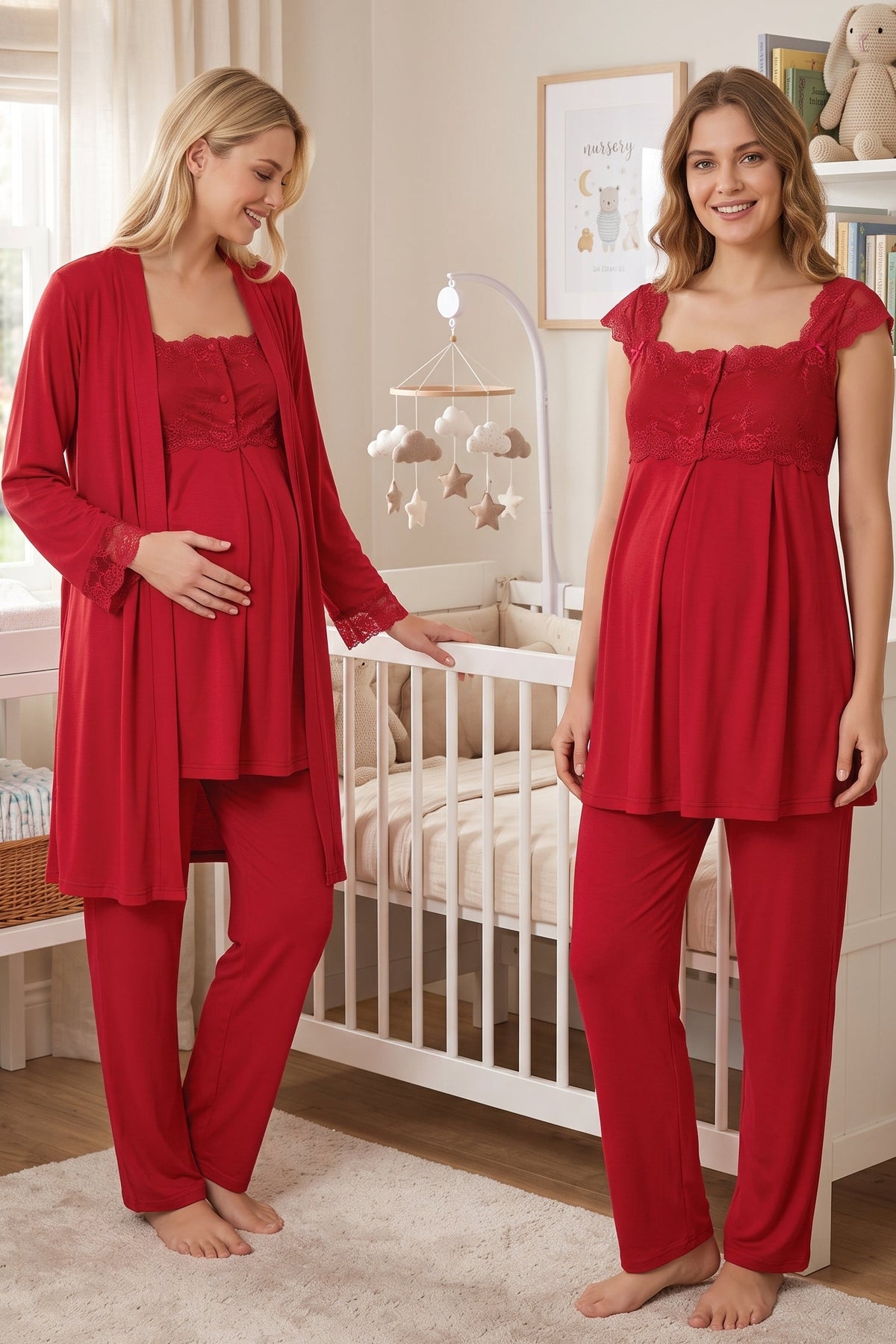 Lace Shoulder 3-Piece Maternity Feeding-Friendly Pajama & Robe Set Cherry - T2301