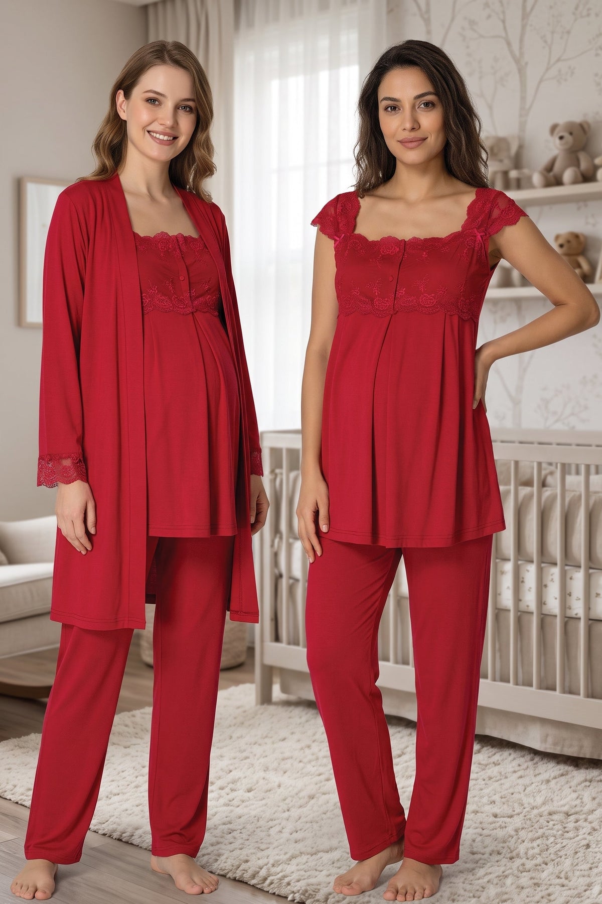 Lace Shoulder 3-Piece Maternity Feeding-Friendly Pajama & Robe Set Cherry - T2301