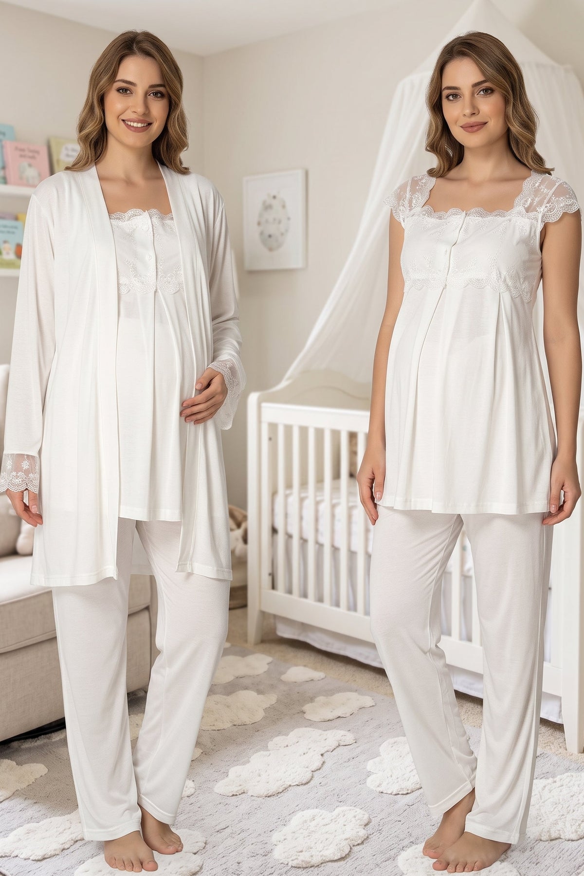Lace Shoulder 3-Piece Maternity Feeding-Friendly Pajama & Robe Set Ecru - T2301