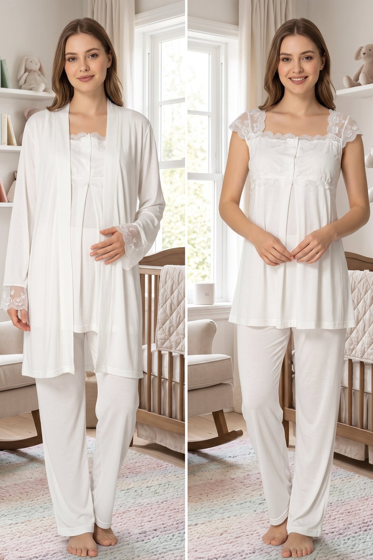 Lace Shoulder 3-Piece Maternity Feeding-Friendly Pajama & Robe Set Ecru - T2301