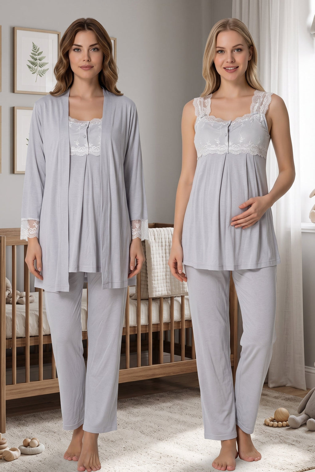Lace Shoulder 3-Piece Maternity Feeding-Friendly Pajama & Robe Set Grey - T2301