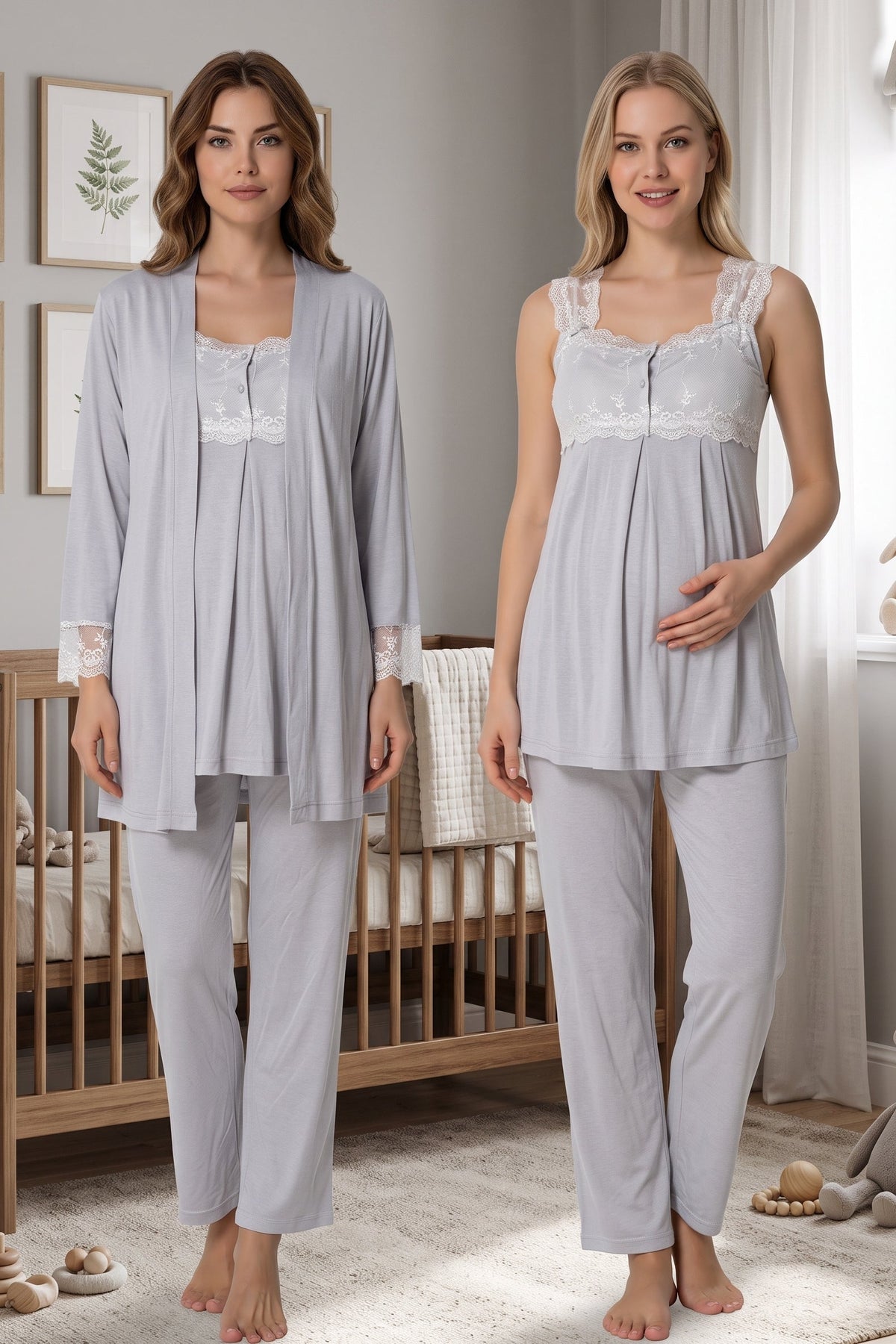 Lace Shoulder 3-Piece Maternity Feeding-Friendly Pajama & Robe Set Grey - T2301
