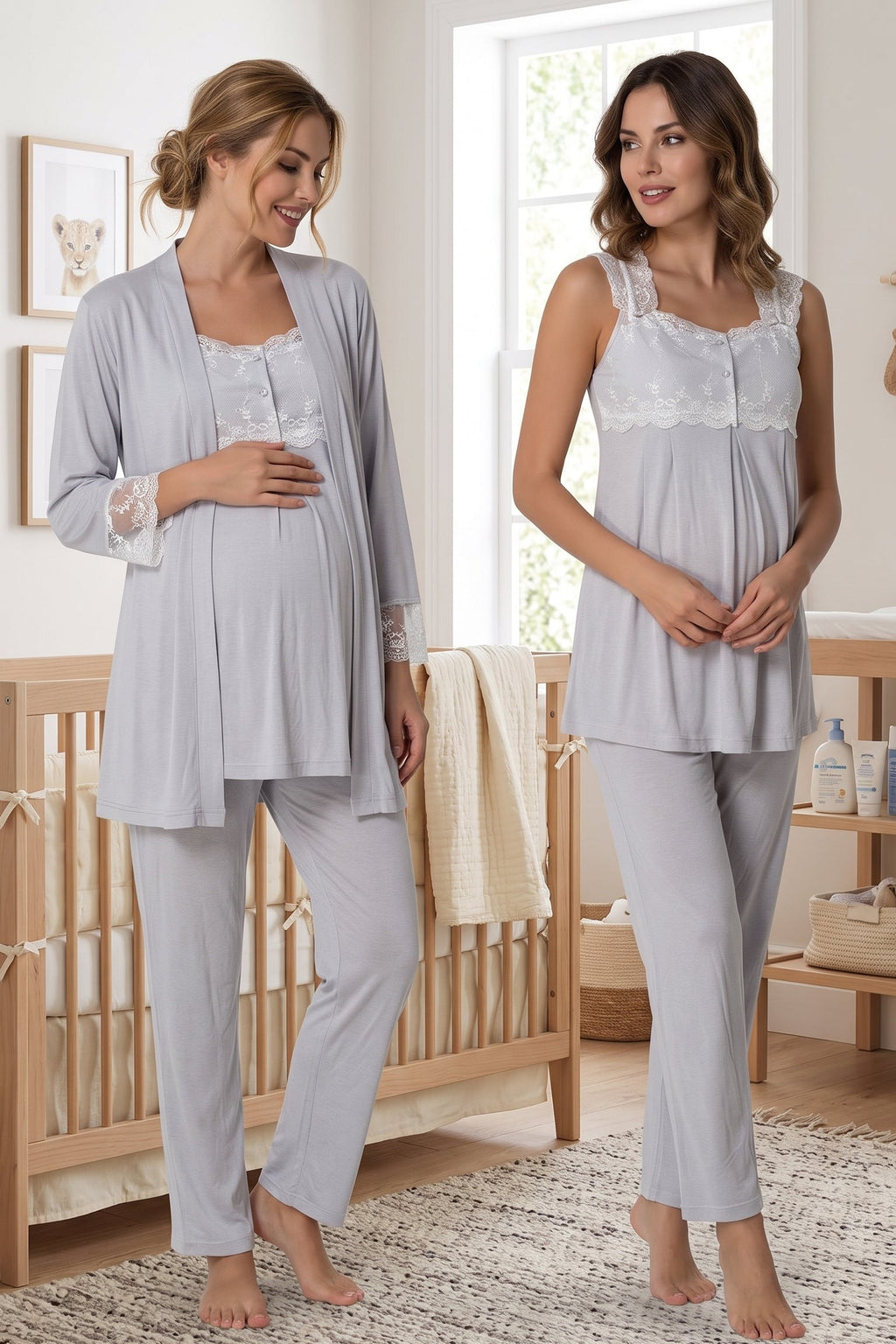 Lace Shoulder 3-Piece Maternity Feeding-Friendly Pajama & Robe Set Grey - T2301