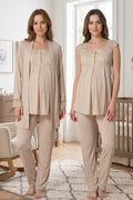 Lace Shoulder 3-Piece Maternity Feeding-Friendly Pajama & Robe Set Mink - T2301