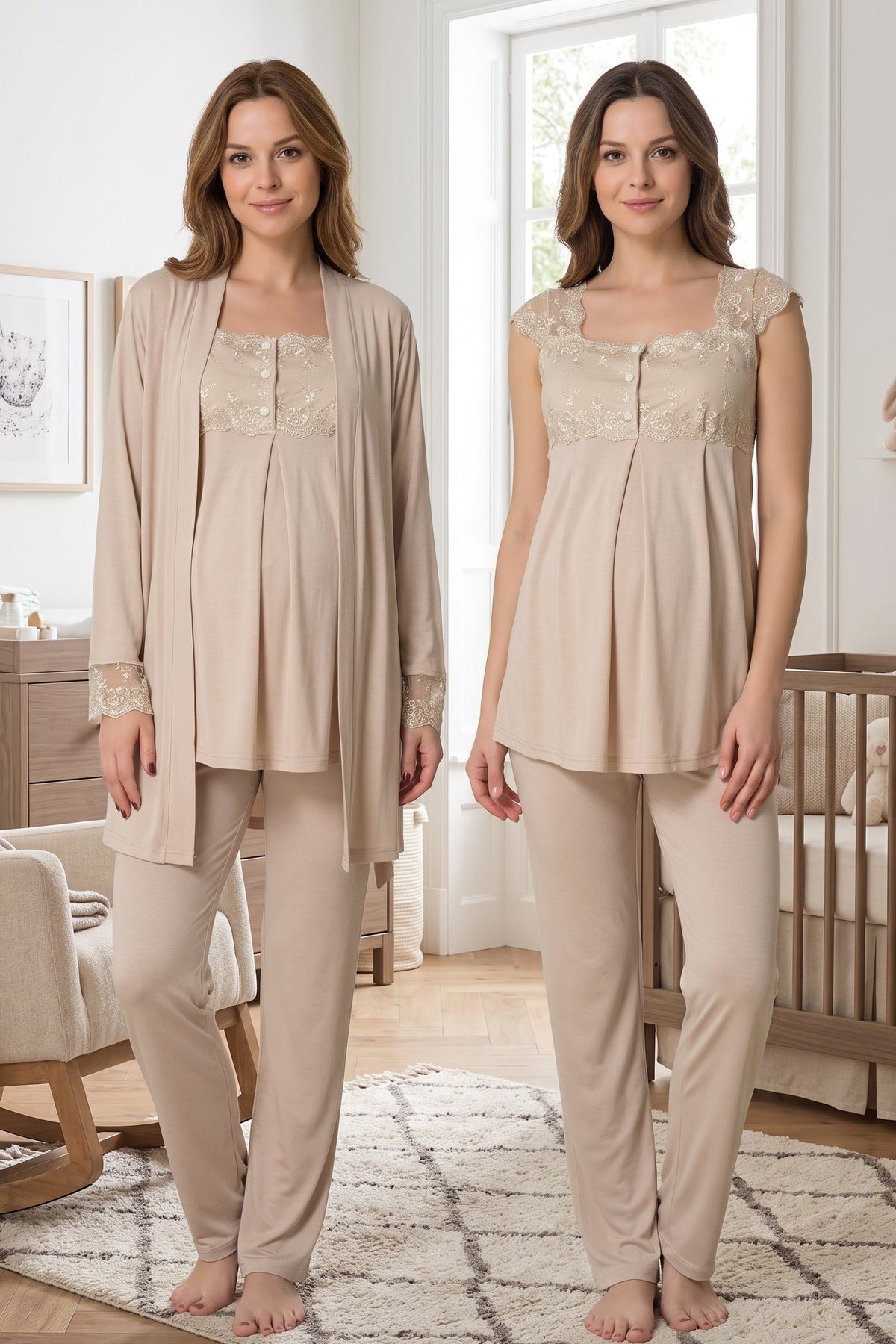 Lace Shoulder 3-Piece Maternity Feeding-Friendly Pajama & Robe Set Mink - T2301