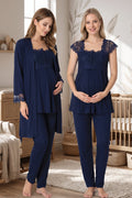 Lace Shoulder 3-Piece Maternity Feeding-Friendly Pajama & Robe Set Navy Blue - T2301