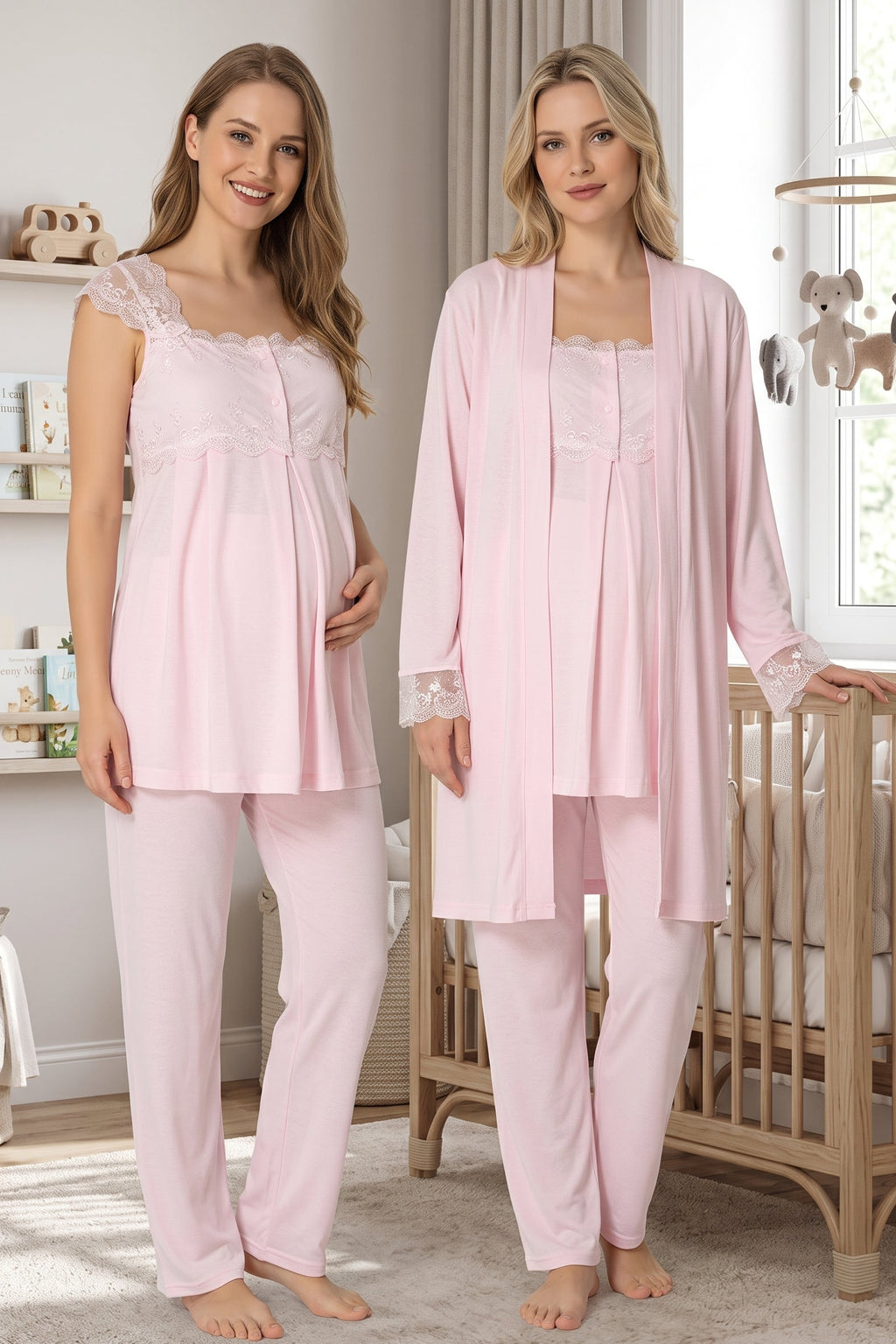 Lace Shoulder 3-Piece Maternity Feeding-Friendly Pajama & Robe Set Pink - T2301