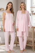 Lace Shoulder 3-Piece Maternity Feeding-Friendly Pajama & Robe Set Pink - T2301