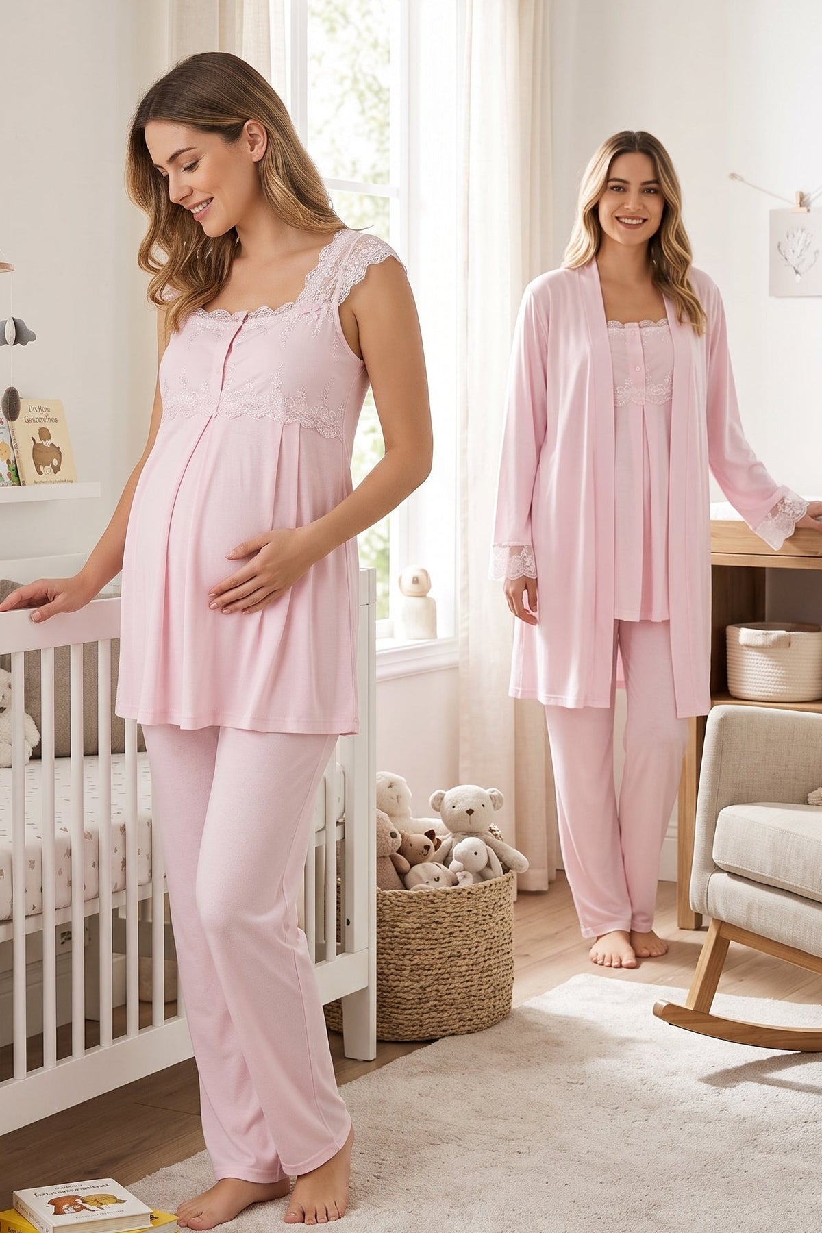 Lace Shoulder 3-Piece Maternity Feeding-Friendly Pajama & Robe Set Pink - T2301