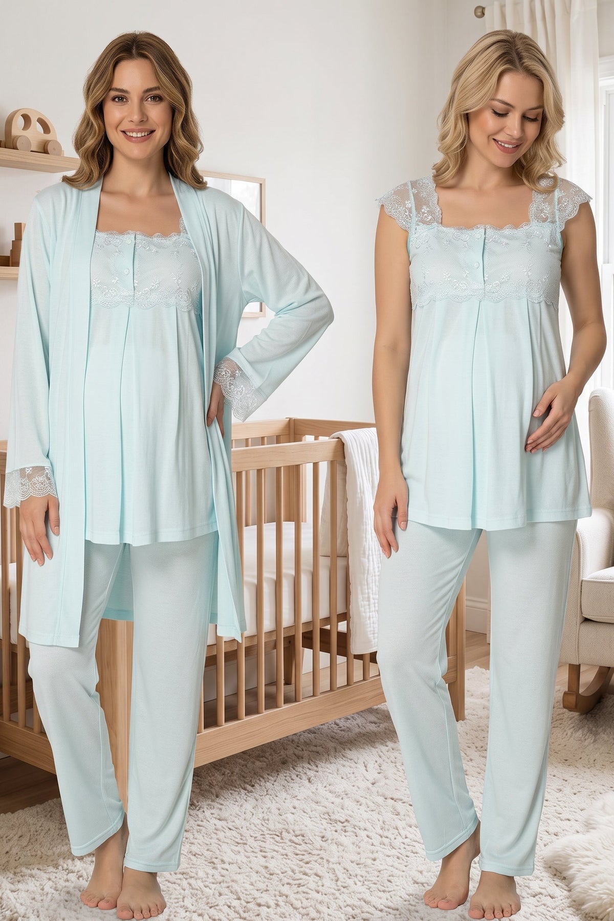 Lace Shoulder 3-Piece Maternity Feeding-Friendly Pajama & Robe Set Turquoise - T2301