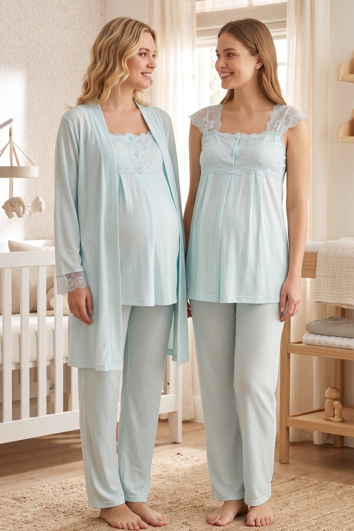 Lace Shoulder 3-Piece Maternity Feeding-Friendly Pajama & Robe Set Turquoise - T2301