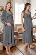 Lace Shoulder Maternity Feeding-Friendly Nightgown & Robe Set Anthracite - T2302