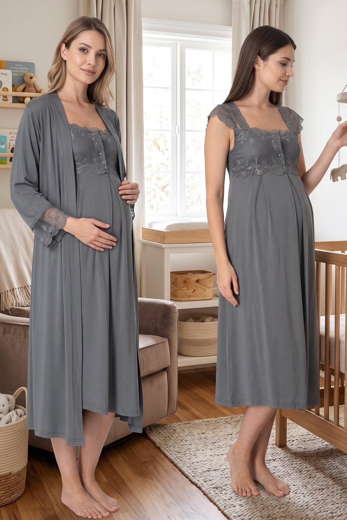 Lace Shoulder Maternity Feeding-Friendly Nightgown & Robe Set Anthracite - T2302