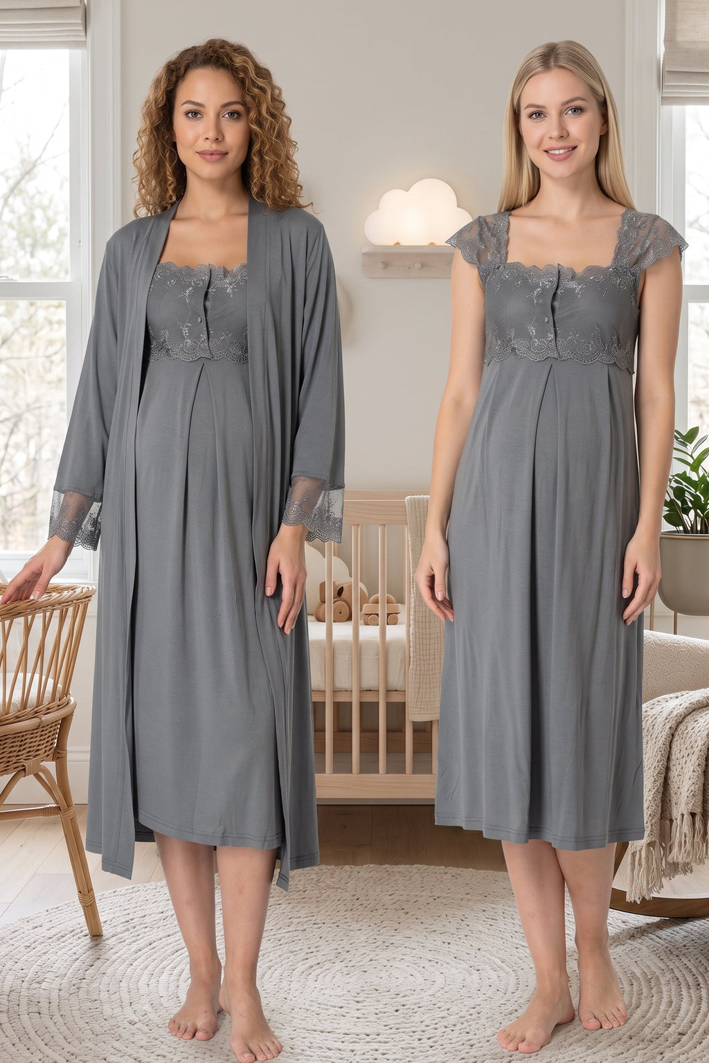 Lace Shoulder Maternity Feeding-Friendly Nightgown & Robe Set Anthracite - T2302